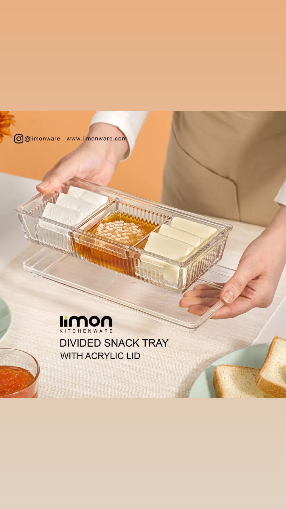 Divided snack tray with acrylic lid