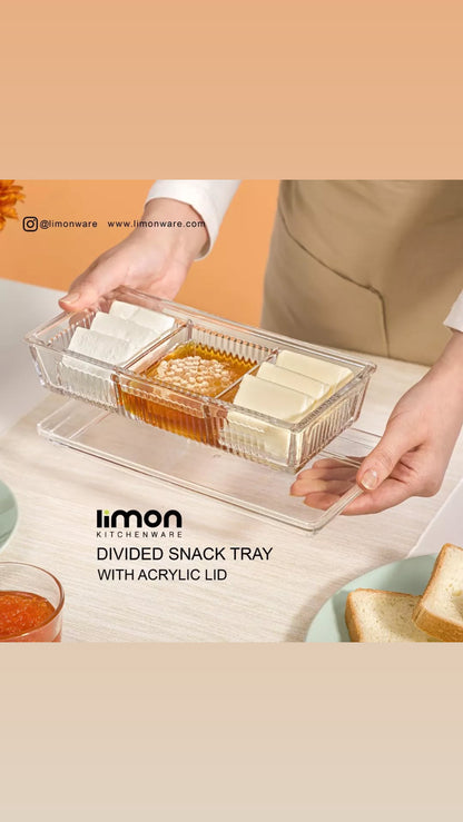 Divided snack tray with acrylic lid