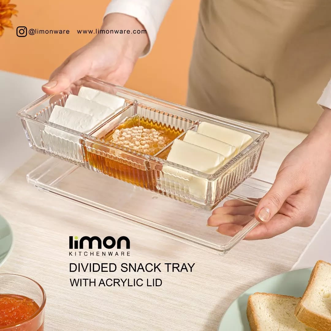 DIVIDED SNACK TRAY WITH ACRYLIC LID