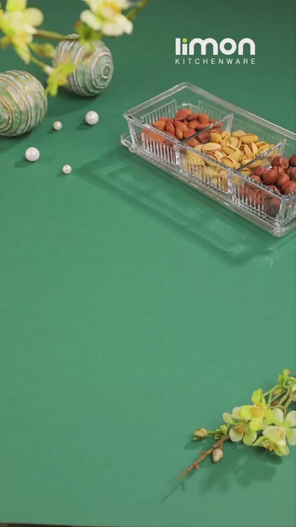 Divided snack tray with acrylic lid